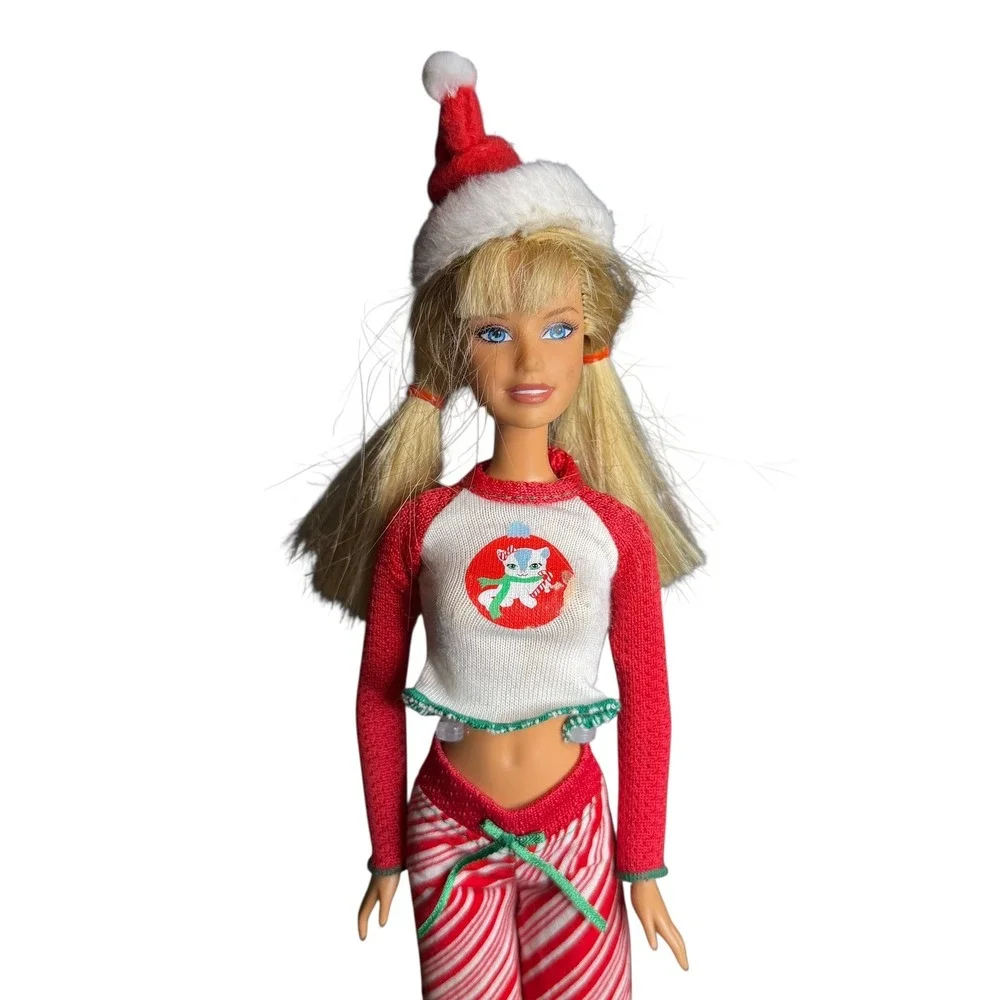 Barbie Doll 2008‎ Christmas Pajamas Candy Cane Hat Holiday Outfit Kids Toy